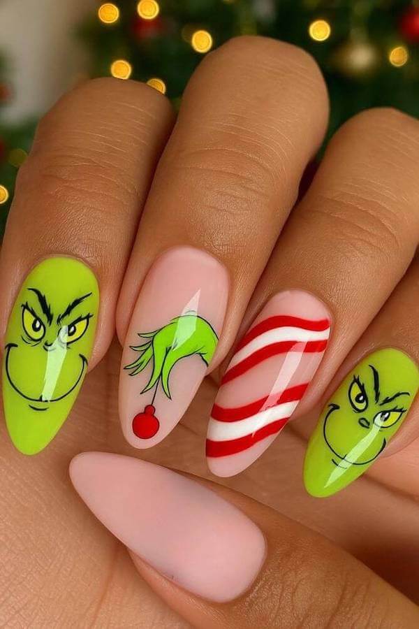 Grinch Face and Red Stripe Accent Nails