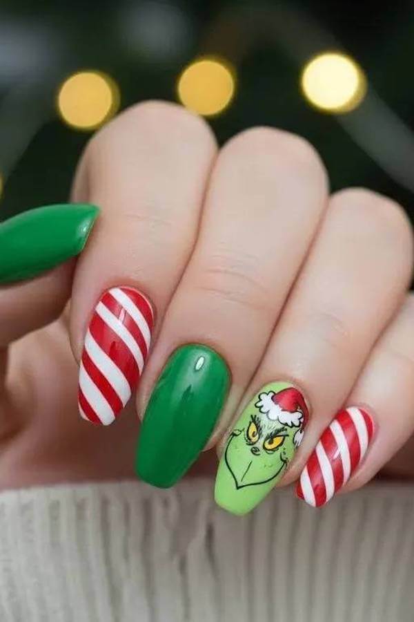 Green and Red Stripe Grinch Christmas Nails