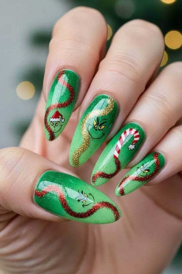 Green Glitter Grinch Nails with Candy Cane