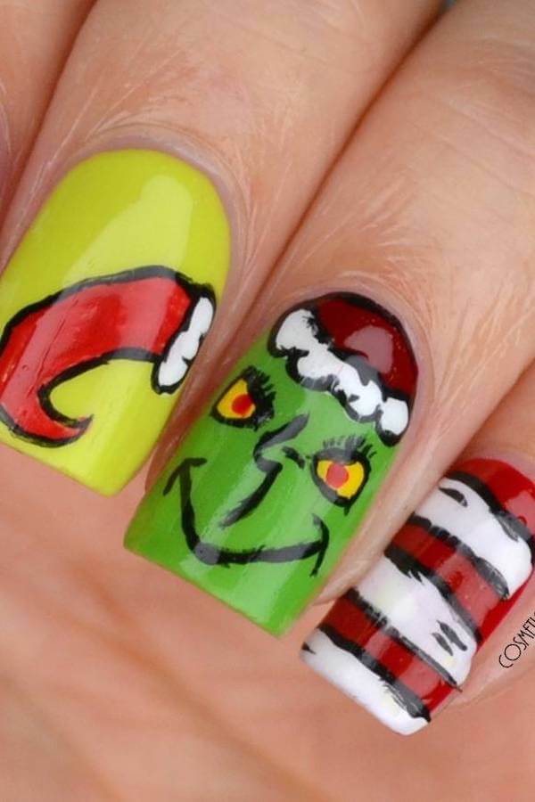 Cartoon Grinch and Santa Hat Nails