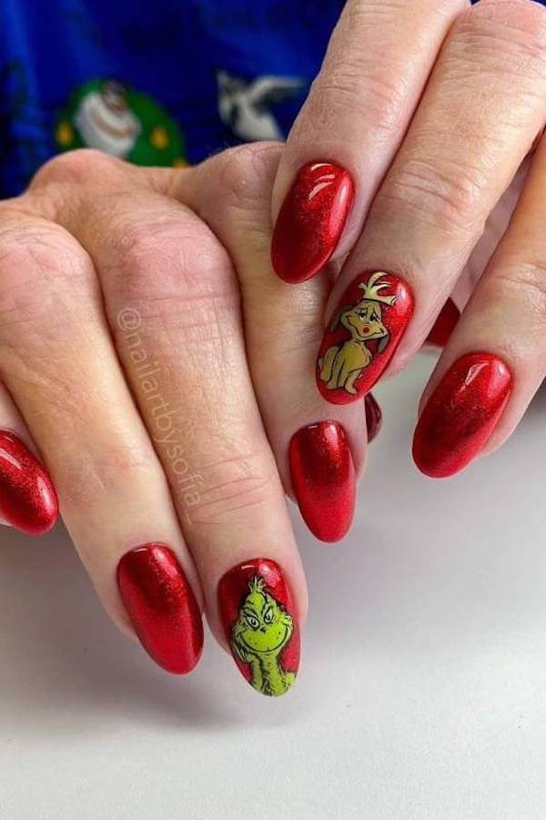 Red Grinch and Max Christmas Nails