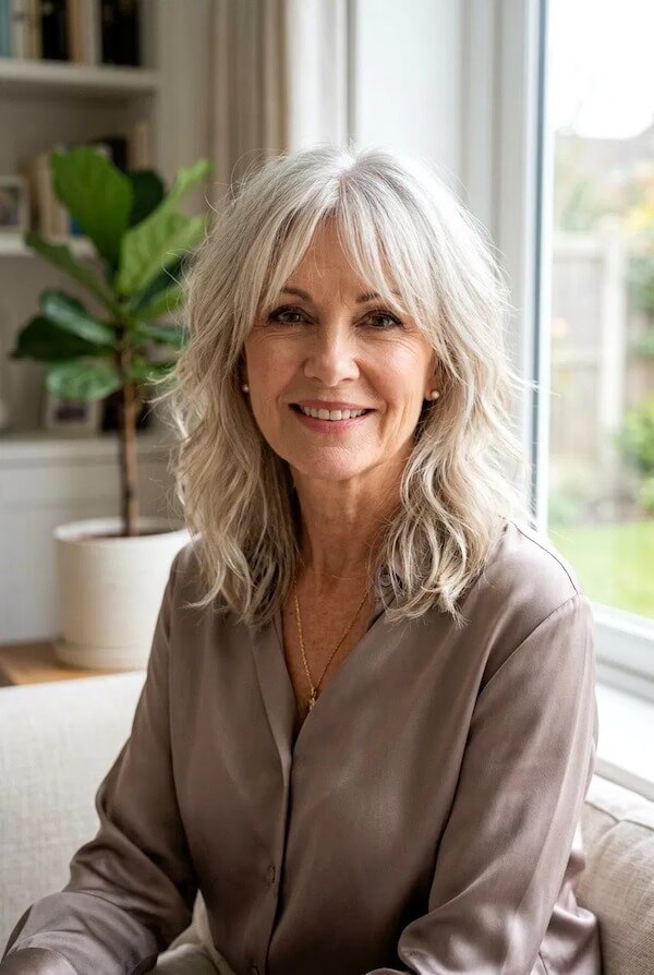 Natural Wavy Layers with Curtain Bangs