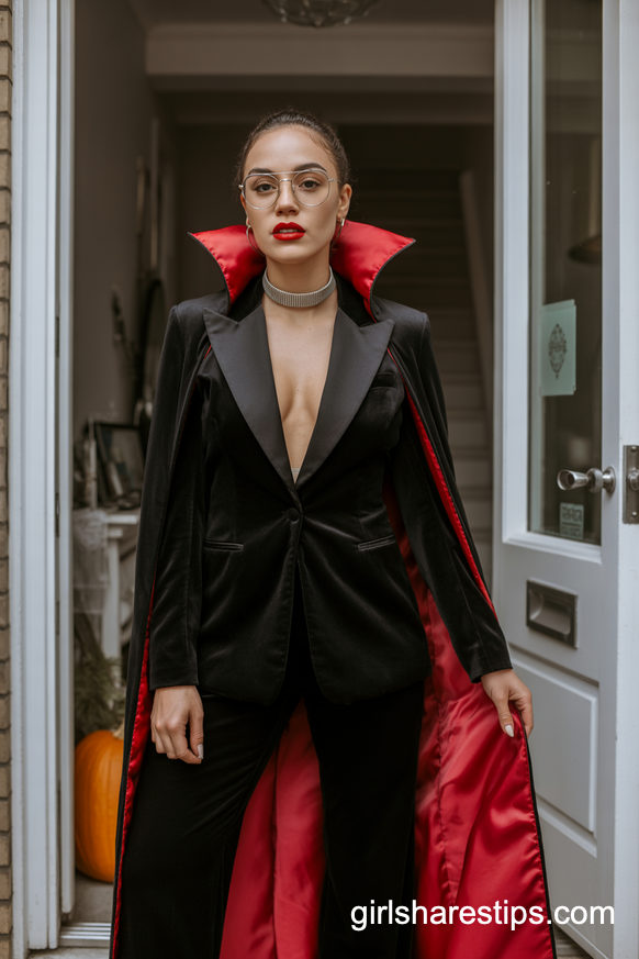 Velvet Vampire Tuxedo Costume with Thin Metal Glasses