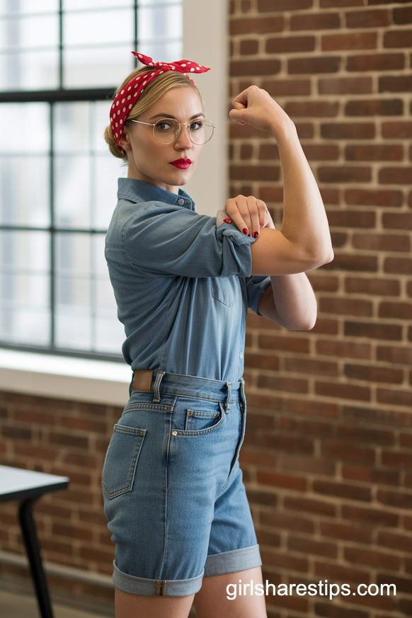 Rosie the Riveter Inspired Denim Costume with Wire Glasses