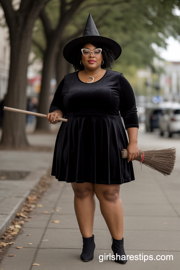 Glam Plus Size Witch Costume with Cat-Eye Glasses