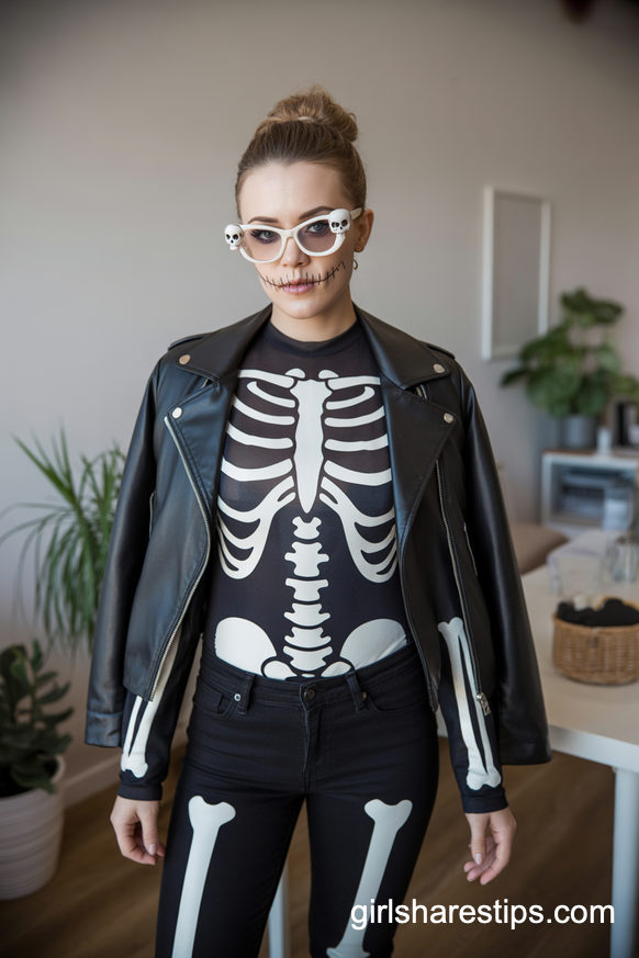Edgy Skeleton Street Style Costume with Cat-Eye Frames
