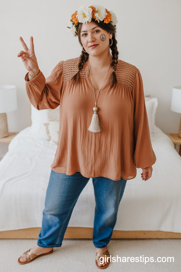 Boho Halloween Costume with Rust Blouse and Blue Jeans