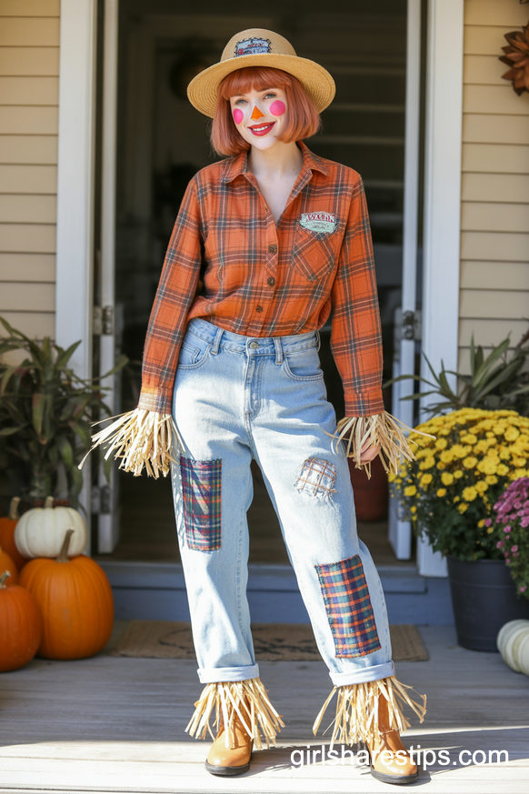 Scarecrow Costume with Patched Jeans and Plaid Flannel Shirt