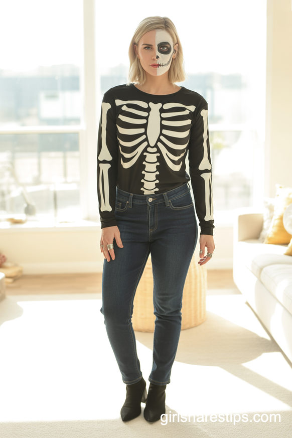 Skeleton Costume with Bone-Print Top and Dark Blue Jeans