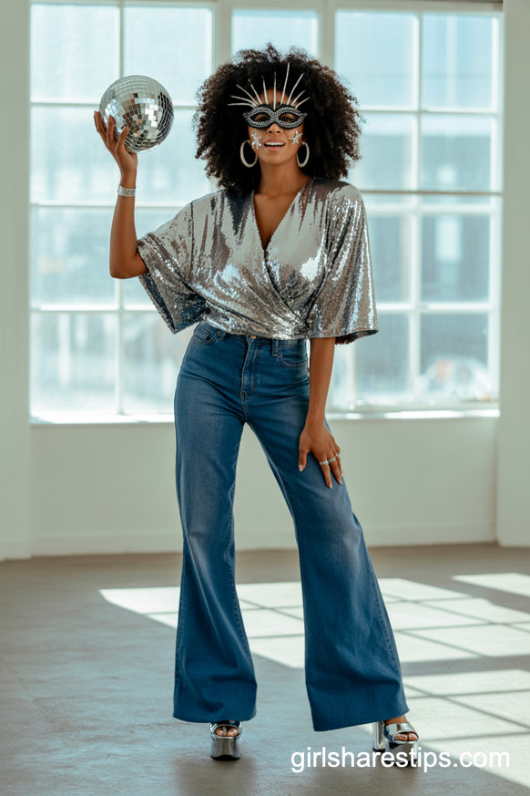 Disco Masquerade Costume with Flared Jeans and Sequin Top