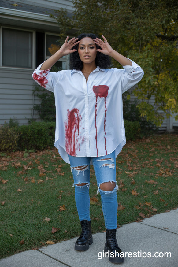 Zombie Costume with Ripped Jeans and Distressed White Shirt
