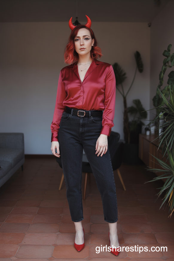 Red Devil Costume with Black Mom Jeans and Silk Blouse