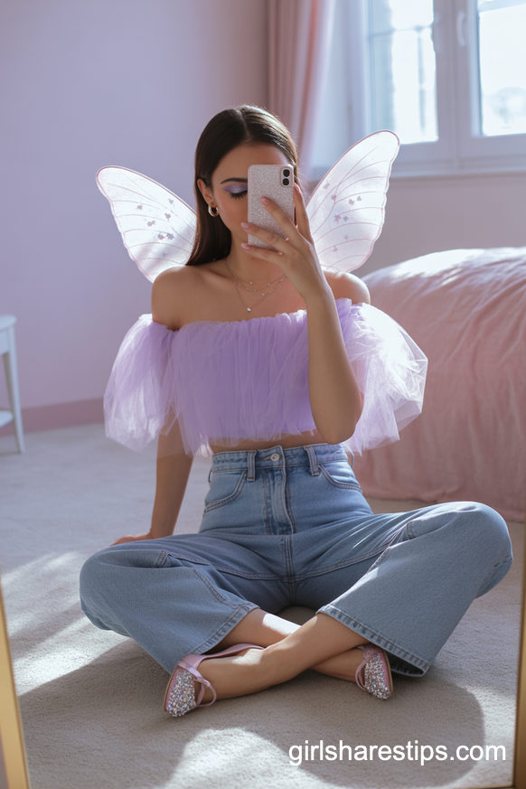 Fairy Costume with Indigo Jeans and Pastel Tulle Top