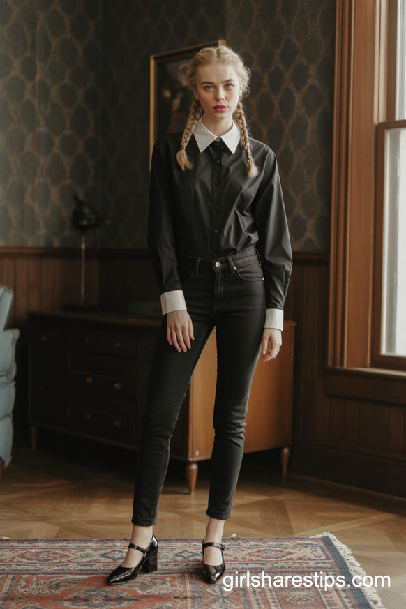 Wednesday-Inspired Costume with Black Jeans and Collared Shirt