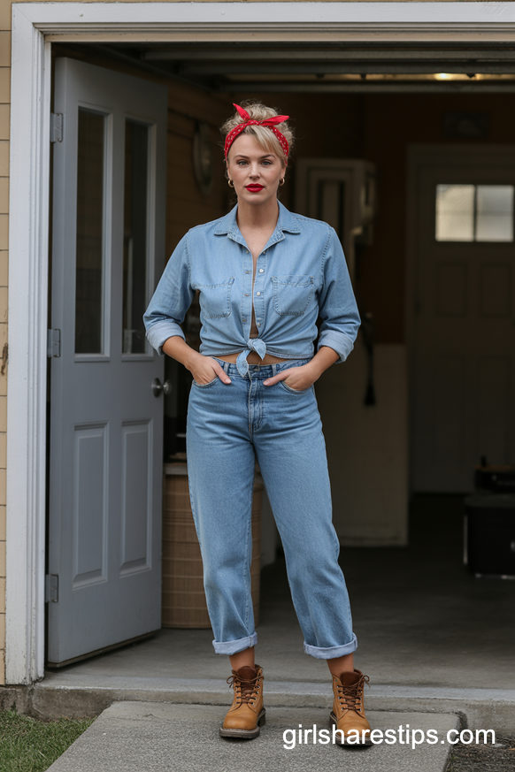 Rosie the Riveter Costume with Boyfriend Jeans and Chambray Shirt