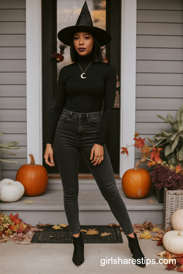 Modern Witch Costume with Dark Skinny Jeans and Black Turtleneck