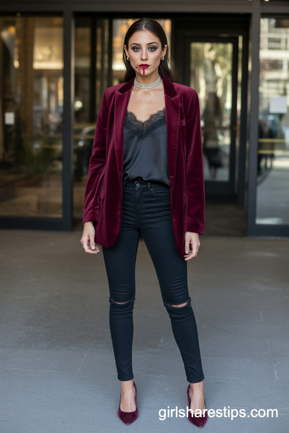 Elegant Vampire Costume with Burgundy Blazer and Black Jeans