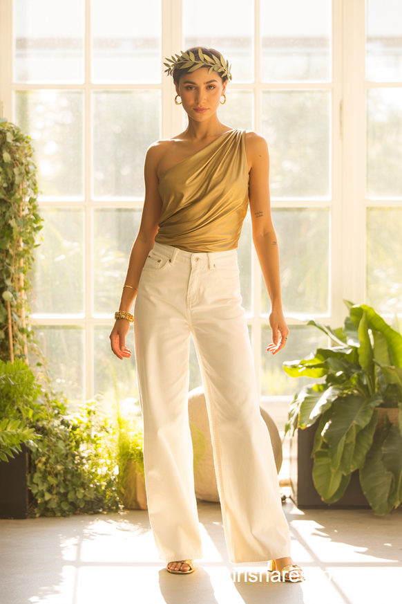 Greek Goddess Costume with White Wide-Leg Jeans and Gold Top