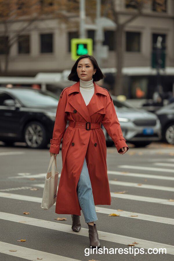 Belted Trench Coat Over Turtleneck with Jeans and Booties