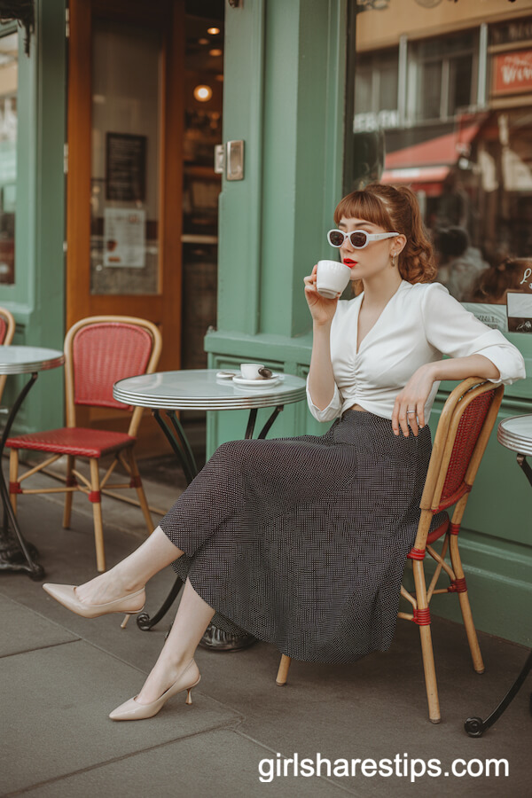 Polka-Dot Midi Skirt and Tucked White Blouse Outfit