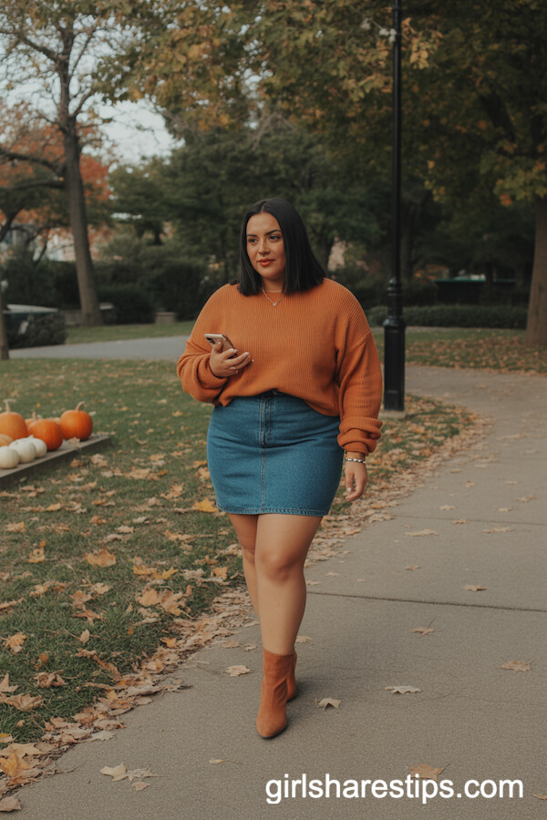 Denim Mini Skirt Paired with Oversized Sweater and Boots