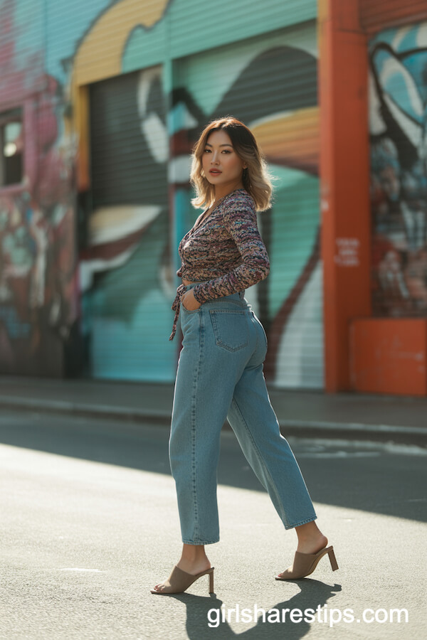 Patterned Wrap Blouse, High-Waisted Jeans, and Mules