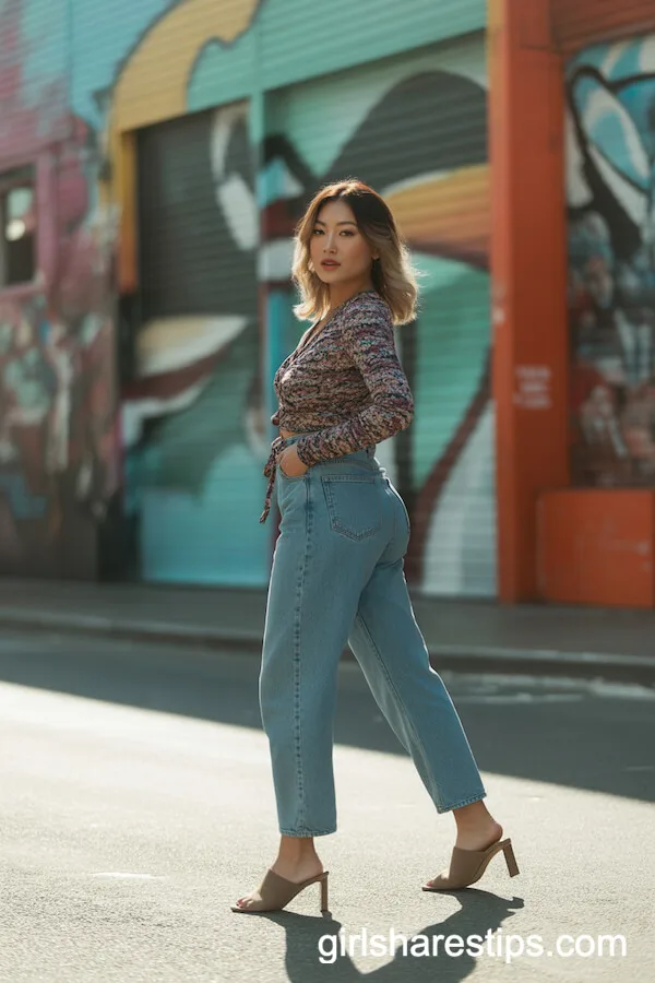 Patterned Wrap Blouse, High-Waisted Jeans, and Mules