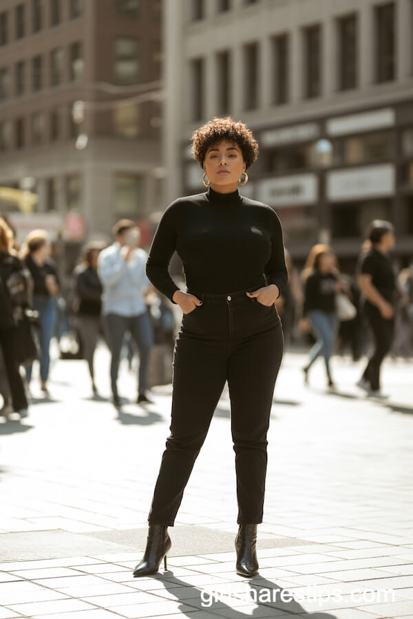 All-Black Mock Neck Top with Slim Pants and Boots