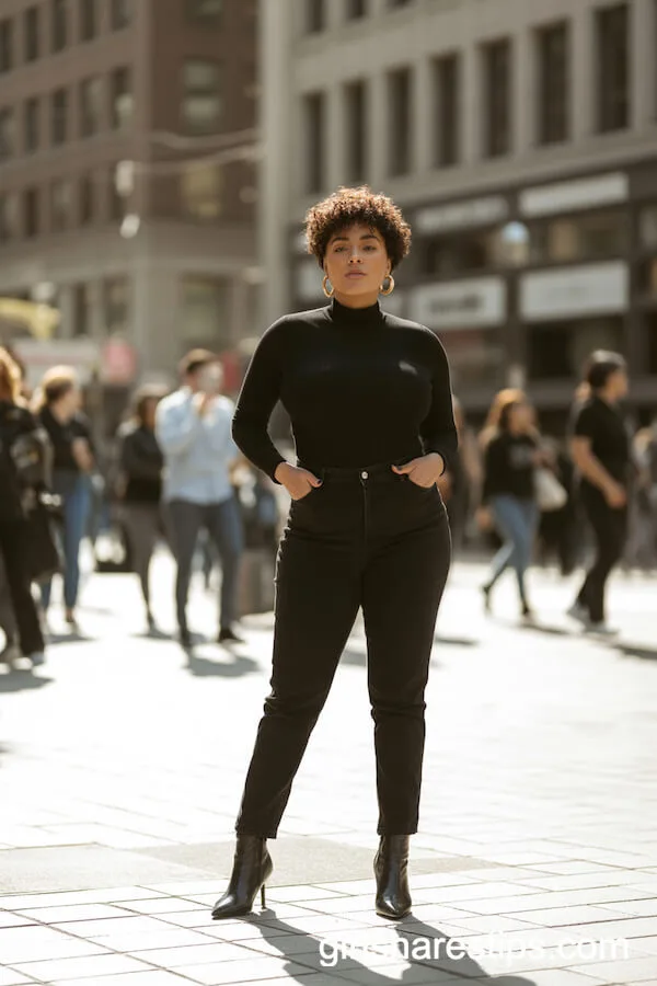 All-Black Mock Neck Top with Slim Pants and Boots