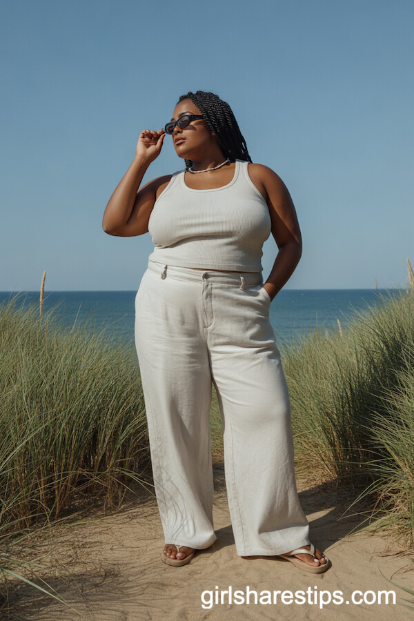 Wide-Leg White Linen Pants Fitted Ribbed Tank