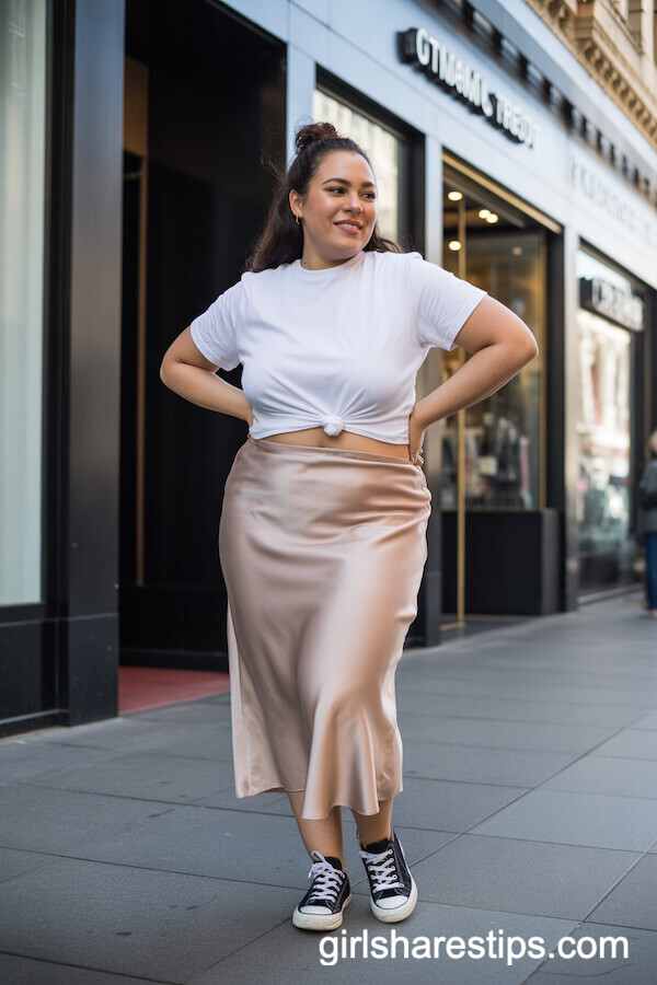Tucked White Tee with Satin Midi Slip Skirt and Sneakers