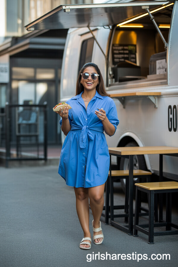 Blue Tie-Waist Shirt Dress with White Sandals