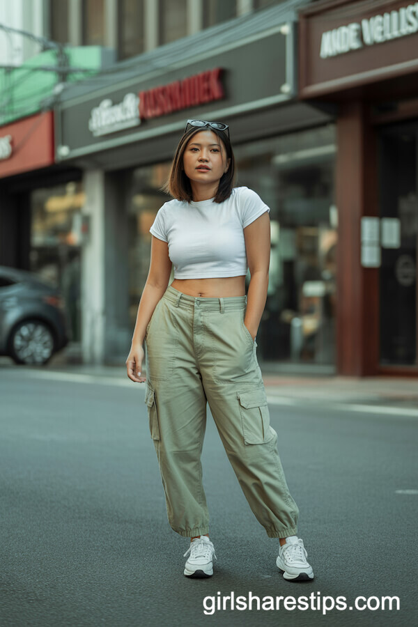 Khaki High-Waisted Cargo Pants and White Cropped Tee