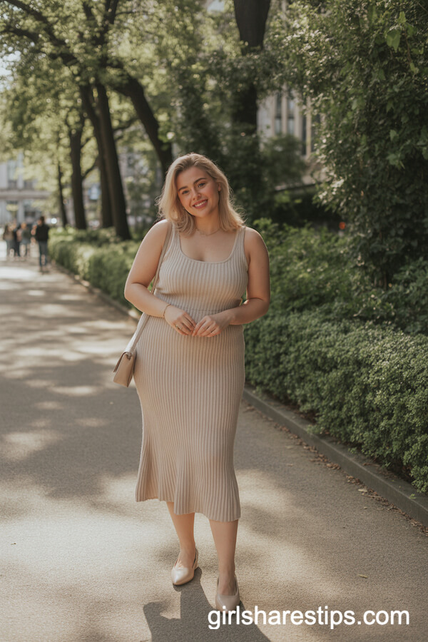 Fitted Beige Knit Midi Dress with Nude Flats