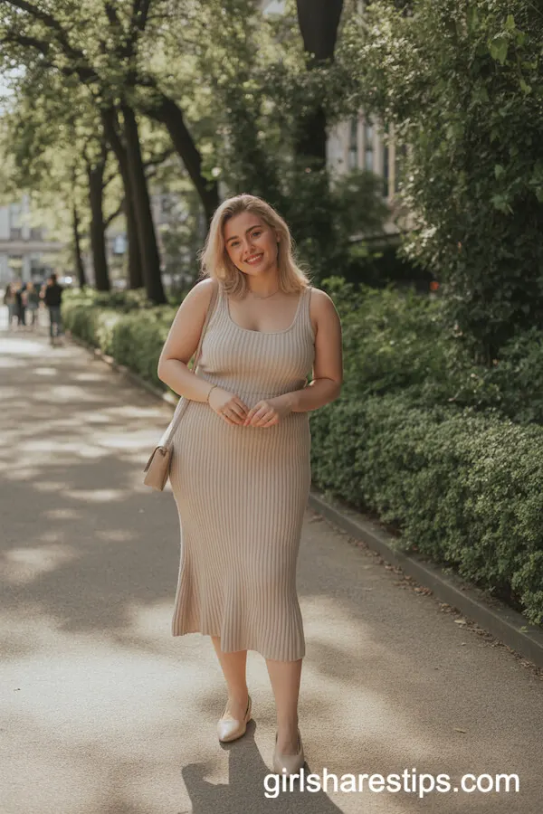 Fitted Beige Knit Midi Dress with Nude Flats