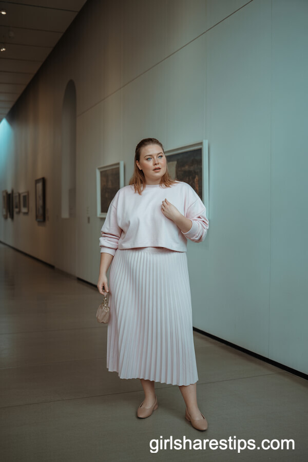 Pastel Pleated Midi Skirt with Cropped Sweater