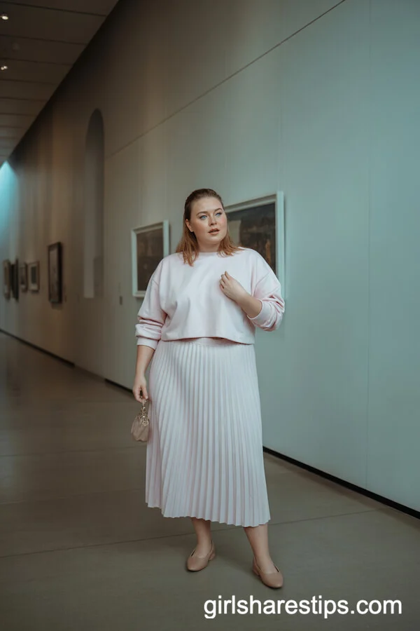 Pastel Pleated Midi Skirt with Cropped Sweater