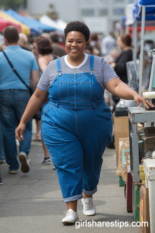 Denim Overalls with Striped Tee and Canvas Shoes