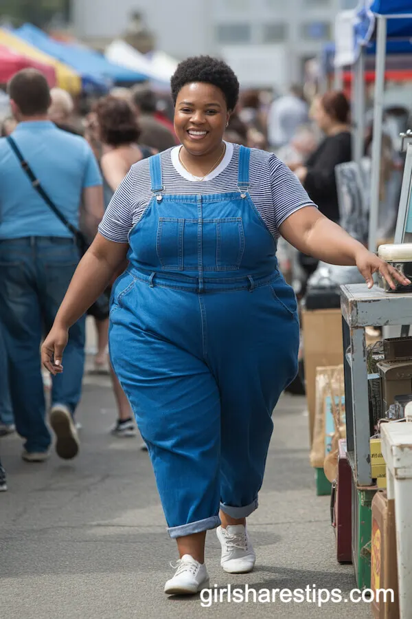 Denim Overalls with Striped Tee and Canvas Shoes
