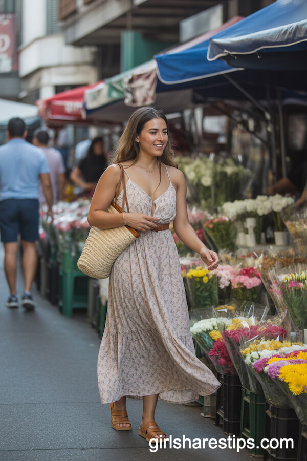 Floral Maxi Dress with Tan Sandals and Straw Bag