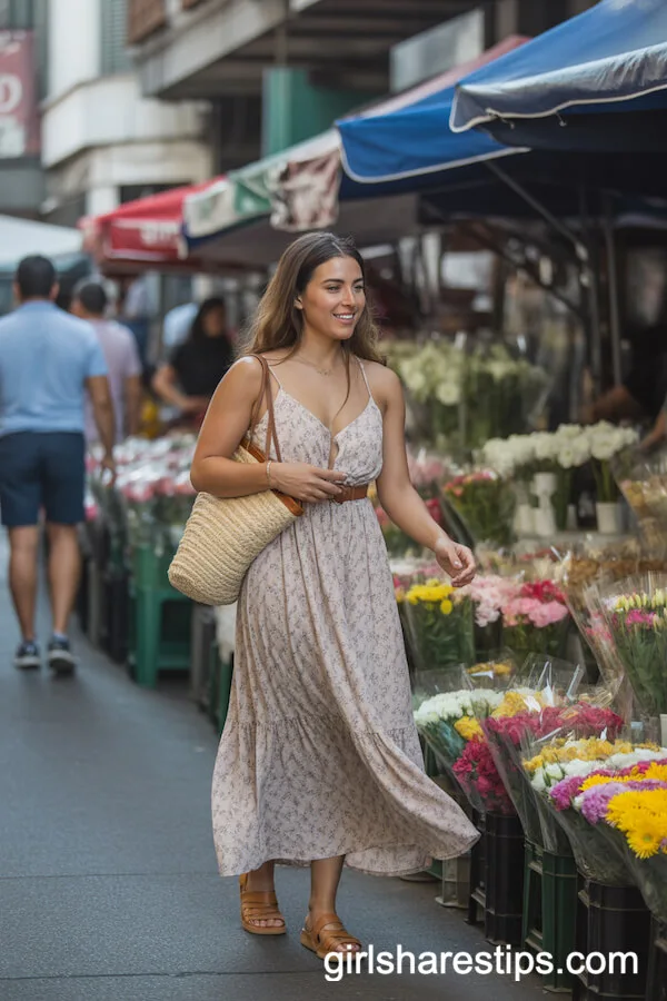 Floral Maxi Dress with Tan Sandals and Straw Bag