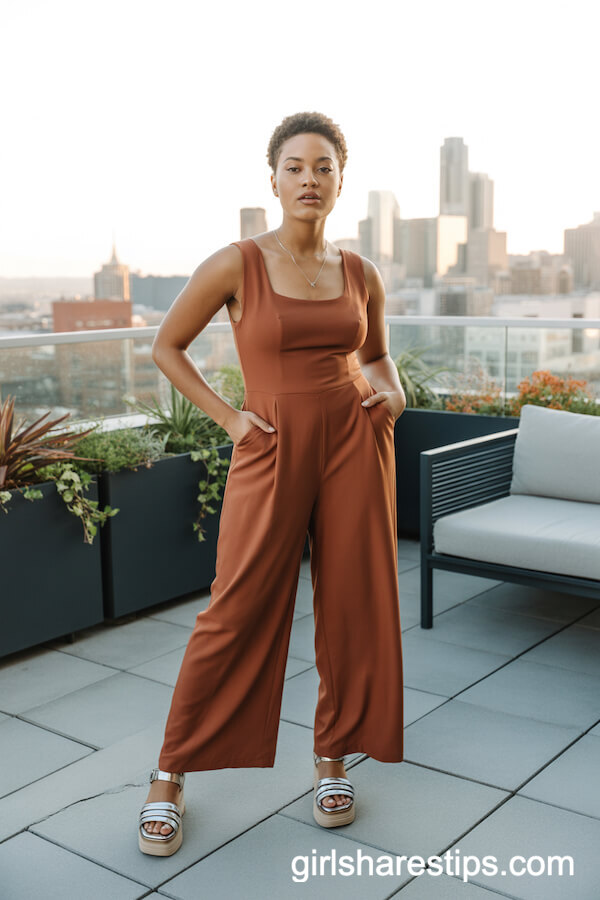 Rust-Colored Jumpsuit with Platform Sandals
