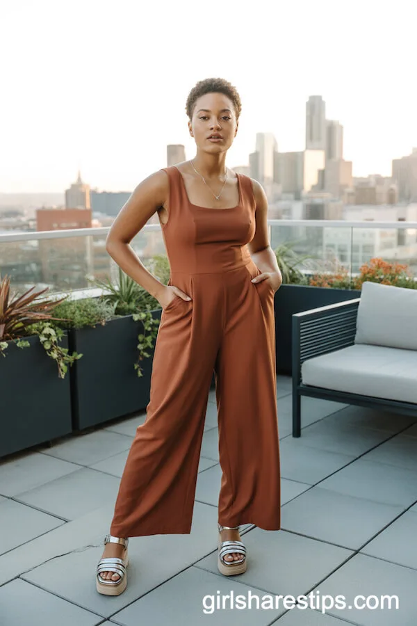 Rust-Colored Jumpsuit with Platform Sandals