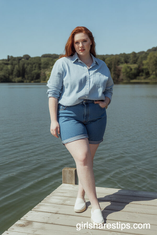 Cuffed Jean Shorts and Chambray Button-Down Outfit