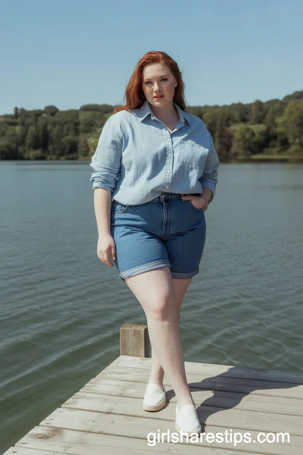 Cuffed Jean Shorts and Chambray Button-Down Outfit