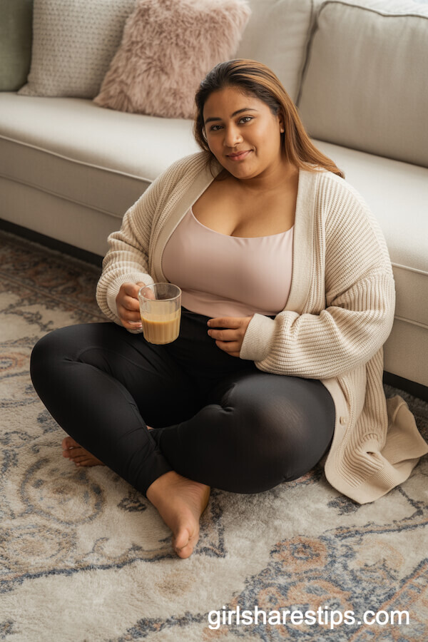Black Leggings with Oversized Cream Cardigan and Cami