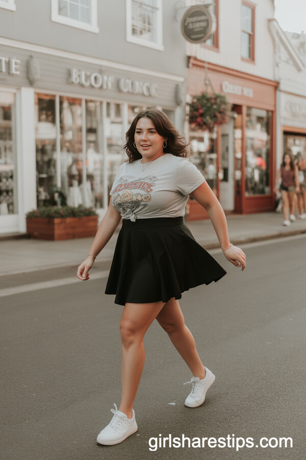 High-Waisted Black Skater Skirt and Graphic Tee Combo
