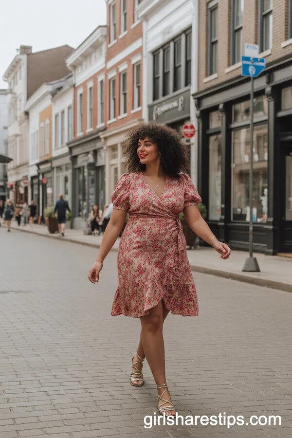 Floral Wrap Dress and Strappy Sandals on Main Street
