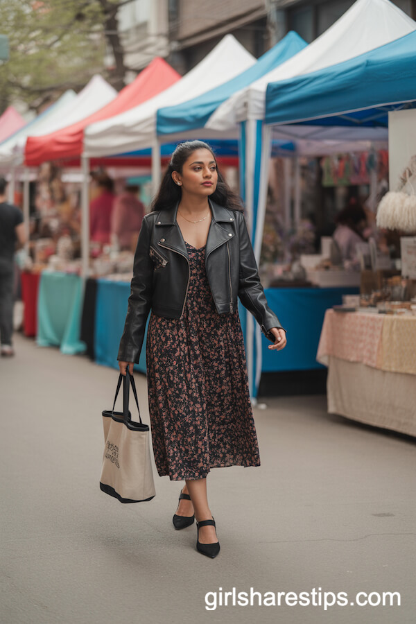 Floral Midi Dress with Cropped Leather Jacket at Art Market