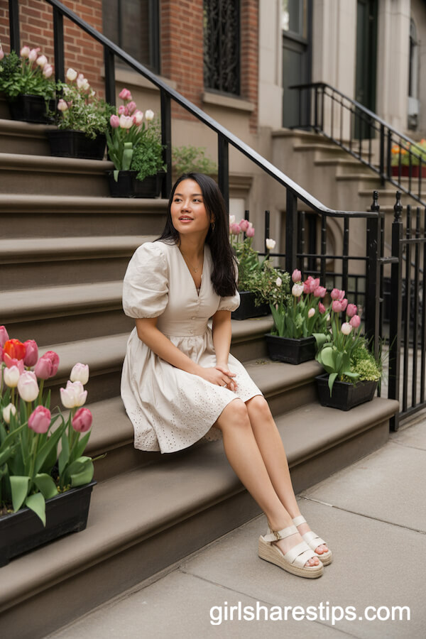 Cream Eyelet Mini Dress and Espadrilles on Urban Steps